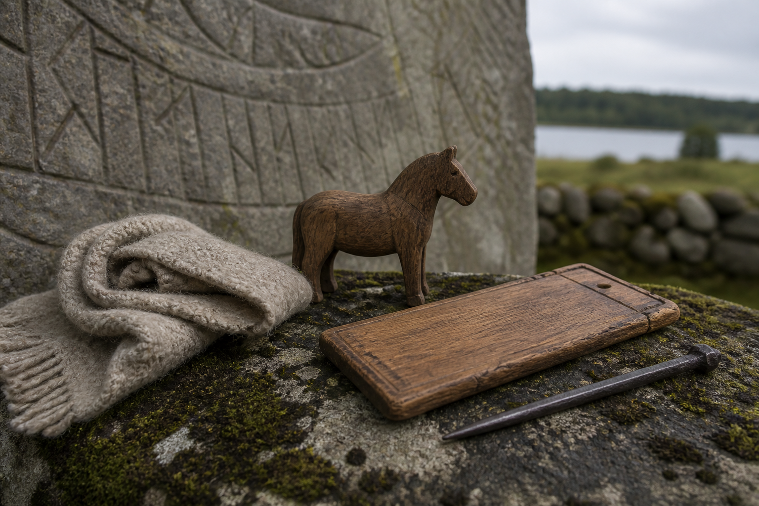 Runsten, skrivtavla och träfigur som symbol för vikingatida personnamn
